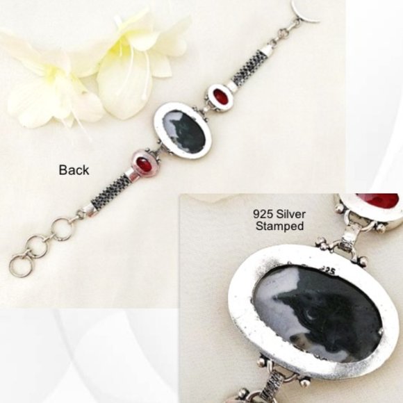 Moss Agate Garnet (br17) Bracelet Green Red Natural Gems 925 Silver Toggle 7"-8" - Picture 8 of 11